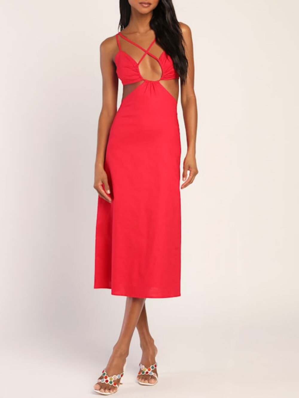 Red Strappy Cutout Backless Midi Dress